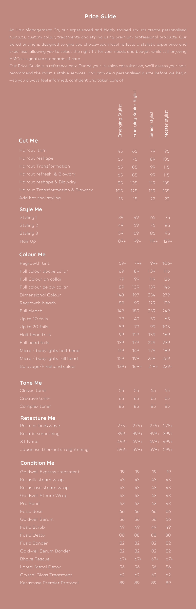 Hair Management Co Price Guide